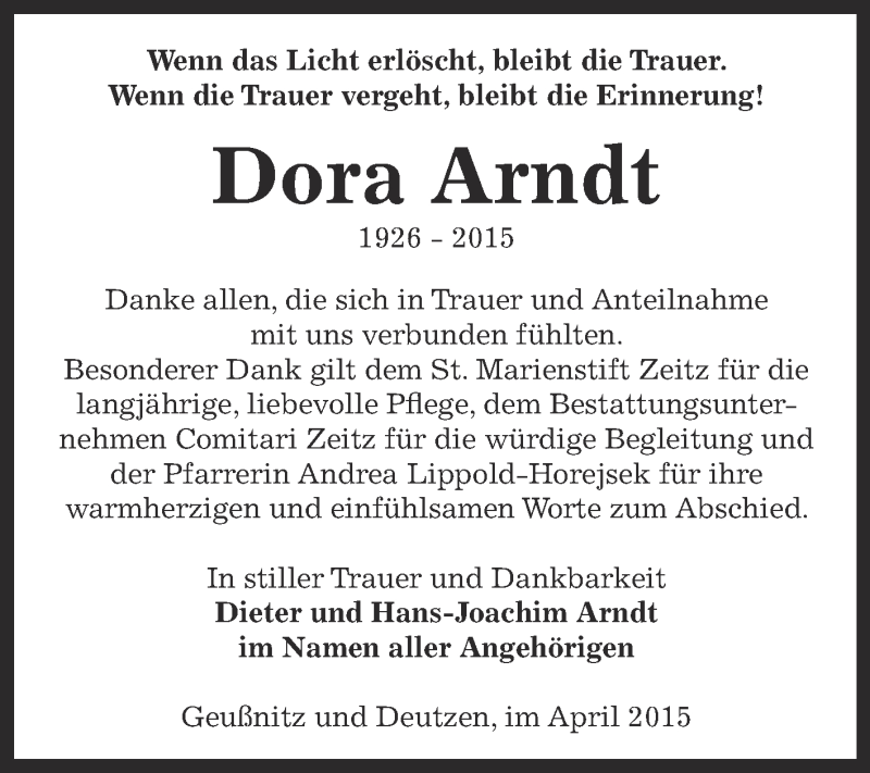  Traueranzeige für Dora Arndt vom 05.04.2015 aus Super Sonntag Zeitz