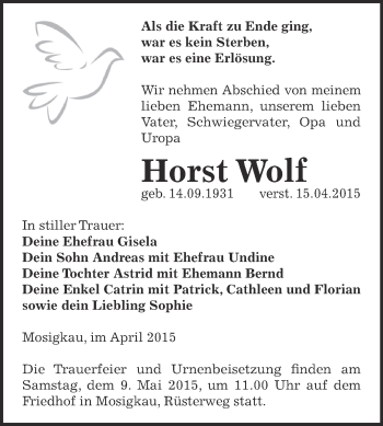 Traueranzeige von Horst Wolf von WVG - Wochenspiegel Dessau / Köthen