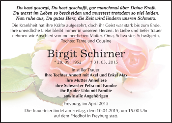 Traueranzeige von Birgit Schirner von Mitteldeutsche Zeitung Naumburg/Nebra