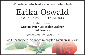 Traueranzeige von Erika Oswald von Mitteldeutsche Zeitung Halle/Saalkreis