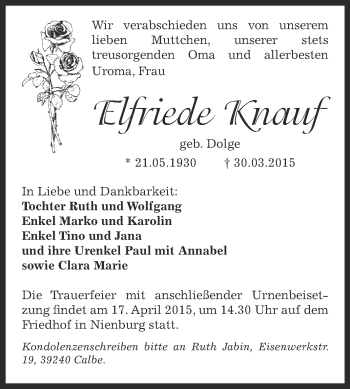 Traueranzeige von Elfriede Knauf von Super Sonntag Bernburg