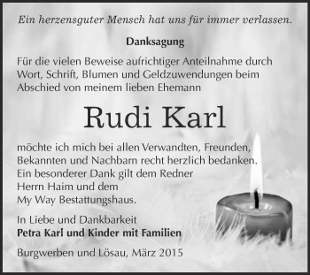 Traueranzeige von Rudi Karl von WVG - Wochenspiegel NMB / WSF / ZTZ