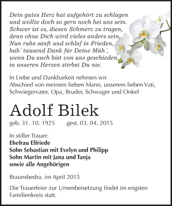 Traueranzeige von Adolf Bilek von Mitteldeutsche Zeitung Merseburg/Querfurt