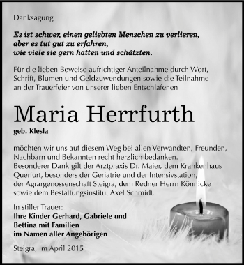 Traueranzeige von Maria Herrfurth von Mitteldeutsche Zeitung