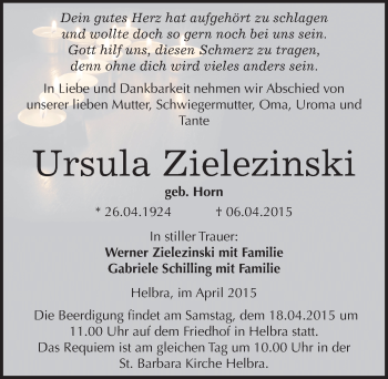 Traueranzeige von Ursula Zielezinski von Mitteldeutsche Zeitung Mansfelder Land