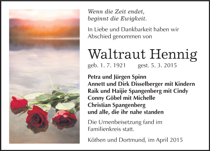 Traueranzeige für Waltraut Hennig vom 25.04.2015 aus Mitteldeutsche Zeitung Köthen