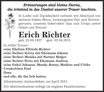 Traueranzeige von Erich Richter von Super Sonntag Aschersleben