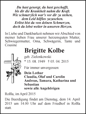 Traueranzeige von Brigitte Kolbe von Super Sonntag SGH Mansf. Land