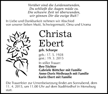 Traueranzeige von Christa Ebert von Mitteldeutsche Zeitung Merseburg/Querfurt