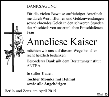Traueranzeige von Anneliese Kaiser von WVG - Wochenspiegel NMB / WSF / ZTZ