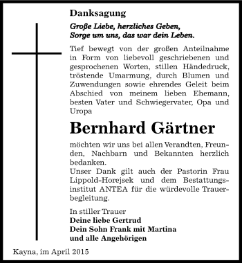 Traueranzeige von Bernhard Gärtner von Mitteldeutsche Zeitung Zeitz