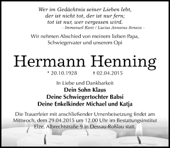 Traueranzeige von Hermann Henning von Mitteldeutsche Zeitung Dessau-Roßlau