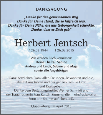 Traueranzeige von Herbert Jentsch von WVG - Wochenspiegel Quedlinburg