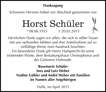 Traueranzeige von Horst Schüler von Mitteldeutsche Zeitung Halle/Saalkreis