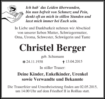 Traueranzeige von Christel Berger von WVG - Wochenspiegel Dessau / Köthen