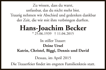 Traueranzeige von Hans-Joachim Becker von WVG - Wochenspiegel Dessau / Köthen