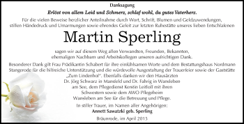 Traueranzeige von Martin Sperling von Wochenspiegel Mansfelder Land