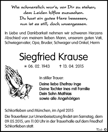 Traueranzeige von Siegfried Krause von WVG - Wochenspiegel NMB / WSF / ZTZ