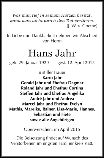 Traueranzeige von Hans Jahr von Mitteldeutsche Zeitung Weißenfels