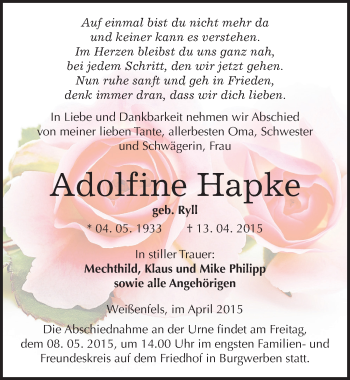 Traueranzeige von Adolfine Hapke von Mitteldeutsche Zeitung Weißenfels
