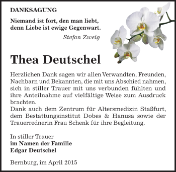 Traueranzeige von Thea Deutschel von Mitteldeutsche Zeitung Bernburg