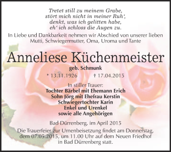 Traueranzeige von Anneliese Küchenmeister von Super Sonntag Merseburg