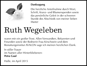 Traueranzeige von Ruth Wegeleben von Mitteldeutsche Zeitung Halle/Saalkreis