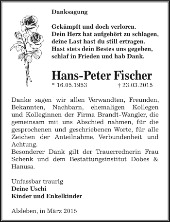 Traueranzeige von Hans-Peter Fischer von Mitteldeutsche Zeitung Bernburg