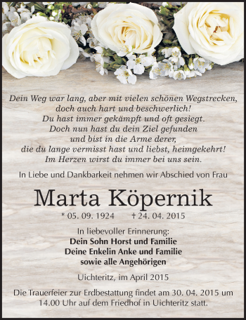 Traueranzeige von Marta Köpernik von Mitteldeutsche Zeitung Weißenfels