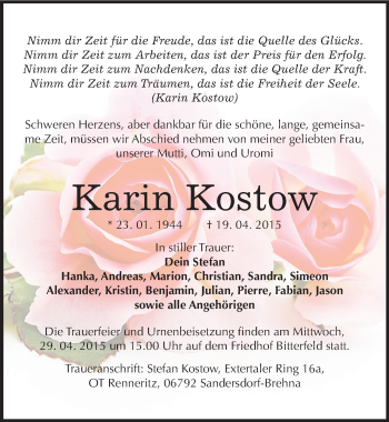 Traueranzeige von Karin Kostow von Mitteldeutsche Zeitung Bitterfeld