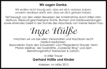 Traueranzeige von Inge Hülße von Mitteldeutsche Zeitung Bernburg