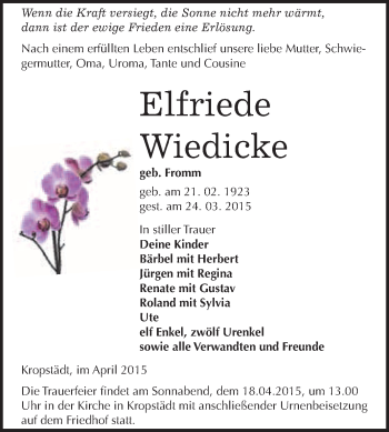 Traueranzeige von Elfriede Wiedicke von WVG - Wochenspiegel Wittenberg