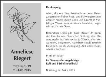 Traueranzeige von Anneliese Riegert von Super Sonntag Bernburg