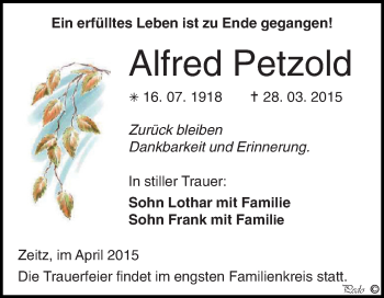 Traueranzeige von Alfred Petzold von Super Sonntag Zeitz
