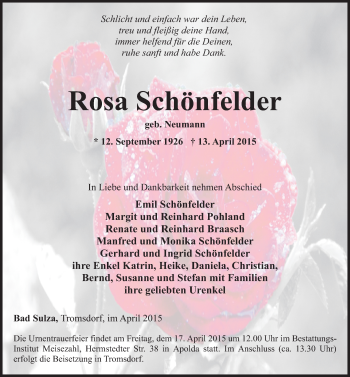 Traueranzeige von Rosa Schönfelder von Mitteldeutsche Zeitung Naumburg/Nebra