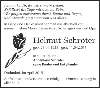 Traueranzeige von Helmut Schröter von WVG - Wochenspiegel Bernburg