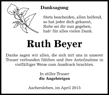 Traueranzeige von Ruth Beyer von Mitteldeutsche Zeitung Aschersleben