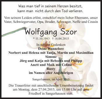 Traueranzeige von Wolfgang Szor von Mitteldeutsche Zeitung Sangerhausen