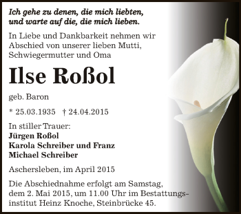 Traueranzeige von Ilse Roßol von Super Sonntag Aschersleben