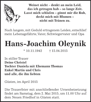 Traueranzeige von Hans-Joachim Oleynik von Super Sonntag Bernburg