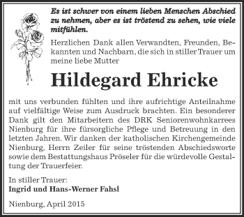 Traueranzeige von Hildegard Ehricke von Super Sonntag Bernburg