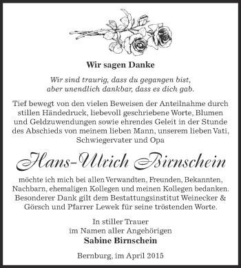 Traueranzeige von Hans-Ulrich Birnschein von Super Sonntag Bernburg
