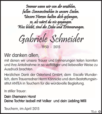 Traueranzeige von Gabriele Schneider von WVG - Wochenspiegel NMB / WSF / ZTZ