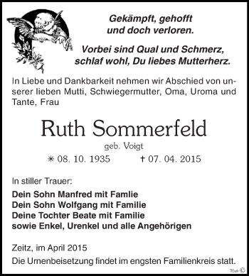 Traueranzeige von Ruth Sommerfeld von Super Sonntag Zeitz