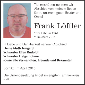 Traueranzeige von Frank Löffler von Super Sonntag Zeitz