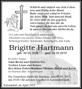 Traueranzeige von Brigitte Hartmann von Mitteldeutsche Zeitung Merseburg/Querfurt