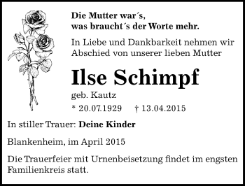 Traueranzeige von Ilse Schimpf von Mitteldeutsche Zeitung Sangerhausen