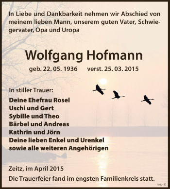 Traueranzeige von Wolfgang Hofmann von Super Sonntag Zeitz