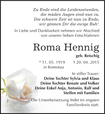Traueranzeige von Roma Hennig von Mitteldeutsche Zeitung Bitterfeld
