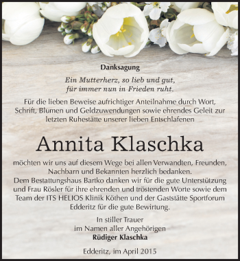 Traueranzeige von Annita Klaschka von Mitteldeutsche Zeitung Köthen